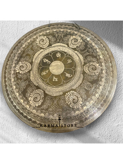 Sacred Mandala Gong – Hand-Etched Brass Gong with Om Mani Padme Hum Mantra